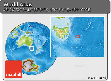 Physical Location Map of the Area around 43° 10' 22" S, 150° 31' 30" E