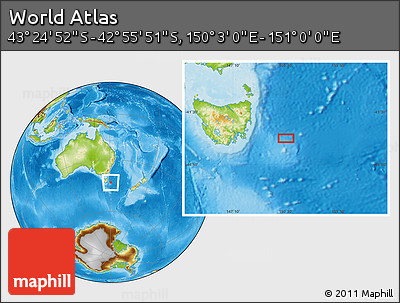 Physical Location Map of the Area around 43° 10' 22" S, 150° 31' 30" E