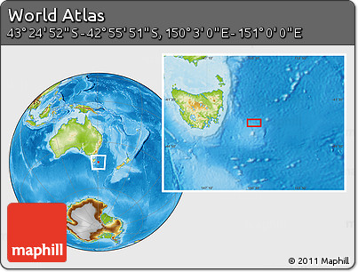 Physical Location Map of the Area around 43° 10' 22" S, 150° 31' 30" E