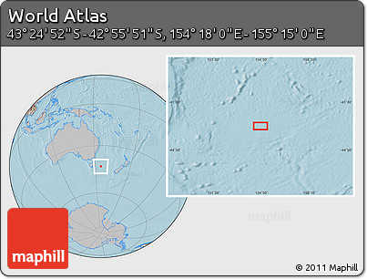 Gray Location Map of the Area around 43° 10' 22" S, 154° 46' 30" E, hill shading