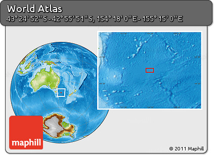 Physical Location Map of the Area around 43° 10' 22" S, 154° 46' 30" E