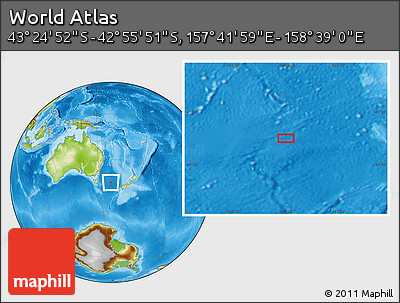 Physical Location Map of the Area around 43° 10' 22" S, 158° 10' 30" E
