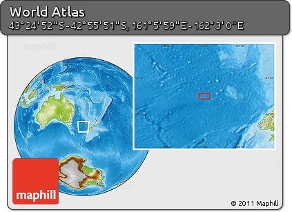 Physical Location Map of the Area around 43° 10' 22" S, 161° 34' 29" E