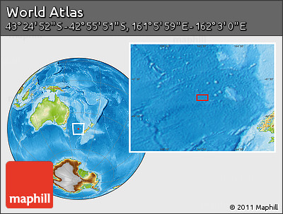 Physical Location Map of the Area around 43° 10' 22" S, 161° 34' 29" E