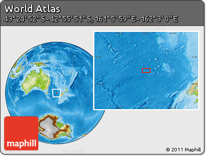 Physical Location Map of the Area around 43° 10' 22" S, 161° 34' 29" E