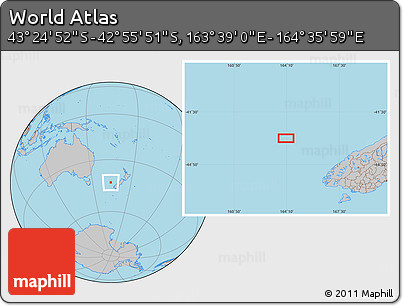 Gray Location Map of the Area around 43° 10' 22" S, 164° 7' 30" E