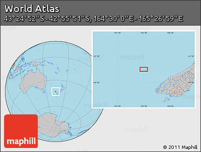 Gray Location Map of the Area around 43° 10' 22" S, 164° 58' 29" E