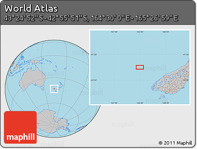 Gray Location Map of the Area around 43° 10' 22" S, 164° 58' 29" E