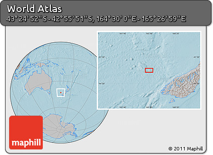Gray Location Map of the Area around 43° 10' 22" S, 164° 58' 29" E, hill shading