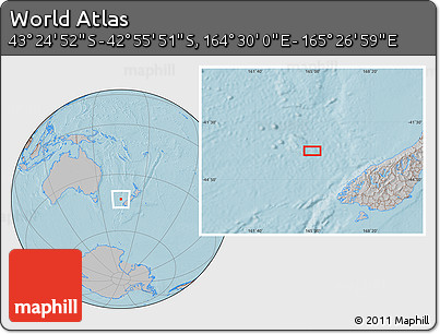 Gray Location Map of the Area around 43° 10' 22" S, 164° 58' 29" E, hill shading