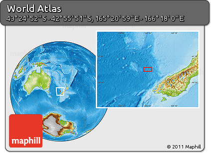 Physical Location Map of the Area around 43° 10' 22" S, 165° 49' 29" E