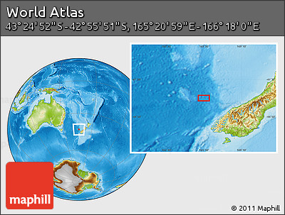 Physical Location Map of the Area around 43° 10' 22" S, 165° 49' 29" E