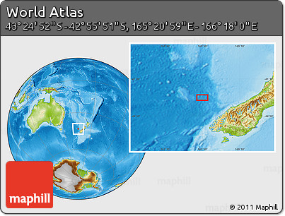 Physical Location Map of the Area around 43° 10' 22" S, 165° 49' 29" E