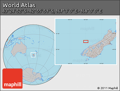 Gray Location Map of the Area around 43° 10' 22" S, 167° 31' 30" E