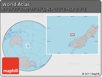 Gray Location Map of the Area around 43° 10' 22" S, 167° 31' 30" E
