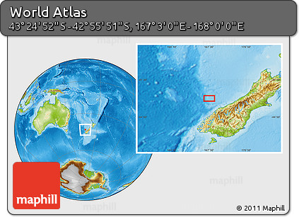 Physical Location Map of the Area around 43° 10' 22" S, 167° 31' 30" E