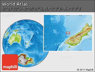 Physical Location Map of the Area around 43° 10' 22" S, 167° 31' 30" E