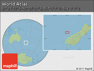 Savanna Style Location Map of the Area around 43° 10' 22" S, 167° 31' 30" E