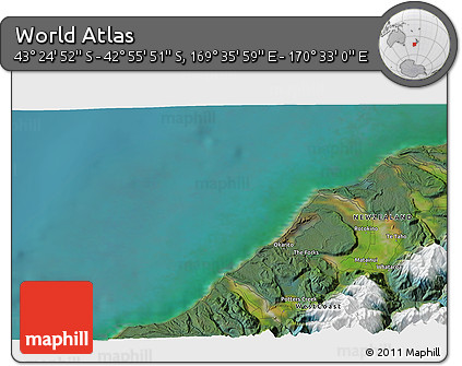 Satellite 3D Map of the Area around 43° 10' 22" S, 170° 4' 29" E