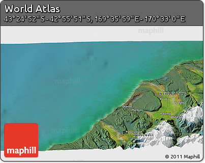 Satellite 3D Map of the Area around 43° 10' 22" S, 170° 4' 29" E