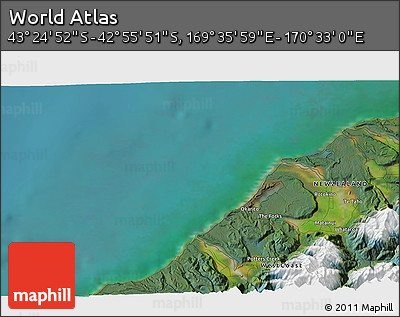 Satellite 3D Map of the Area around 43° 10' 22" S, 170° 4' 29" E