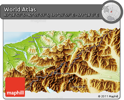 Physical 3D Map of the Area around 43° 10' 22" S, 170° 55' 30" E