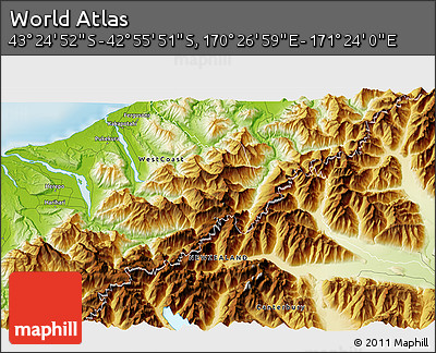 Physical 3D Map of the Area around 43° 10' 22" S, 170° 55' 30" E