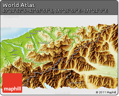 Physical 3D Map of the Area around 43° 10' 22" S, 170° 55' 30" E