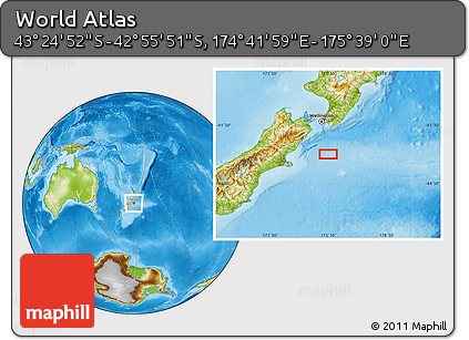 Physical Location Map of the Area around 43° 10' 22" S, 175° 10' 30" E