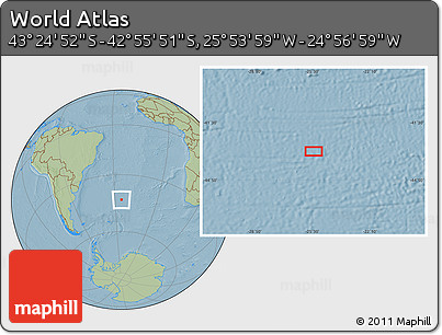 Savanna Style Location Map of the Area around 43° 10' 22" S, 25° 25' 29" W, hill shading