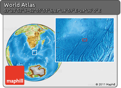 Physical Location Map of the Area around 43° 10' 22" S, 28° 7' 30" E