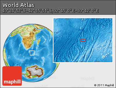 Physical Location Map of the Area around 43° 10' 22" S, 33° 13' 30" E