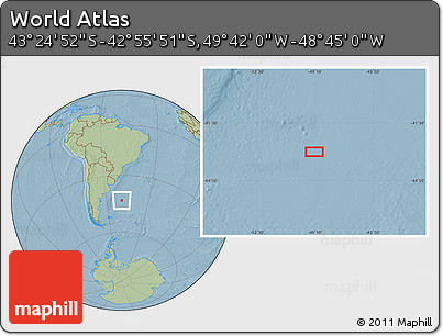 Savanna Style Location Map of the Area around 43° 10' 22" S, 49° 13' 30" W, hill shading