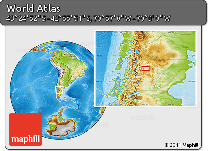 Physical Location Map of the Area around 43° 10' 22" S, 70° 28' 29" W