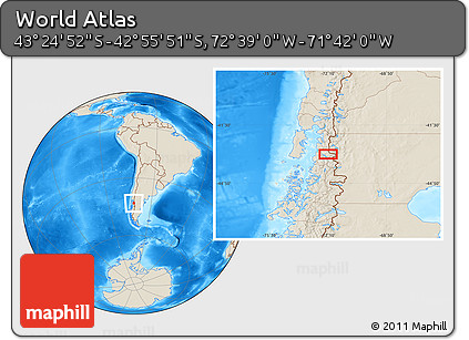 Shaded Relief Location Map of the Area around 43° 10' 22" S, 72° 10' 30" W