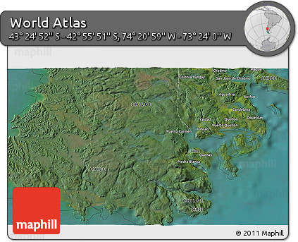 Satellite 3D Map of the Area around 43° 10' 22" S, 73° 52' 30" W