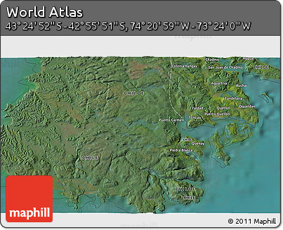 Satellite 3D Map of the Area around 43° 10' 22" S, 73° 52' 30" W