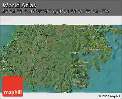 Satellite 3D Map of the Area around 43° 10' 22" S, 73° 52' 30" W