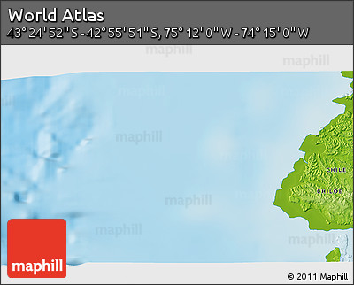 Physical 3D Map of the Area around 43° 10' 22" S, 74° 43' 29" W