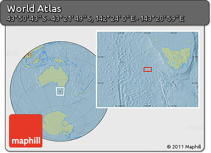 Savanna Style Location Map of the Area around 43° 36' 16" S, 142° 52' 30" E, hill shading