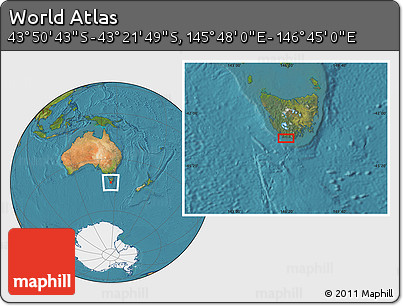 Satellite Location Map of the Area around 43° 36' 16" S, 146° 16' 30" E