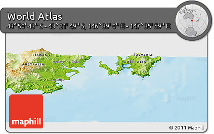 Physical Panoramic Map of the Area around 43° 36' 16" S, 147° 7' 30" E
