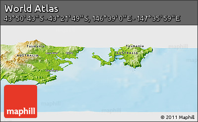 Physical Panoramic Map of the Area around 43° 36' 16" S, 147° 7' 30" E