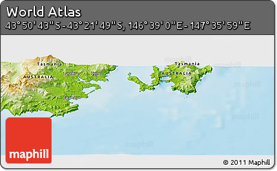 Physical Panoramic Map of the Area around 43° 36' 16" S, 147° 7' 30" E