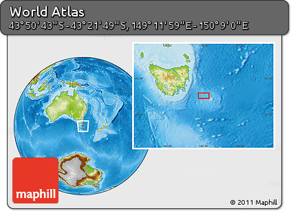 Physical Location Map of the Area around 43° 36' 16" S, 149° 40' 30" E