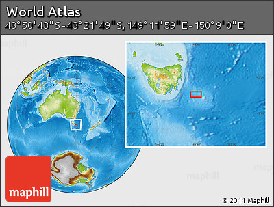 Physical Location Map of the Area around 43° 36' 16" S, 149° 40' 30" E