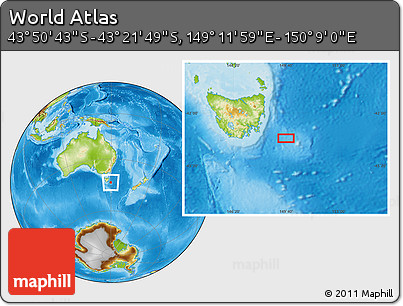Physical Location Map of the Area around 43° 36' 16" S, 149° 40' 30" E
