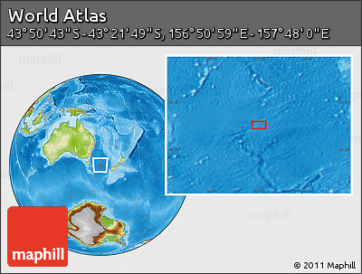 Physical Location Map of the Area around 43° 36' 16" S, 157° 19' 29" E
