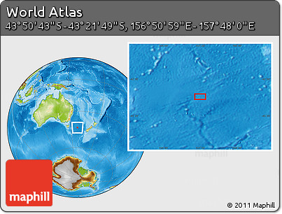 Physical Location Map of the Area around 43° 36' 16" S, 157° 19' 29" E