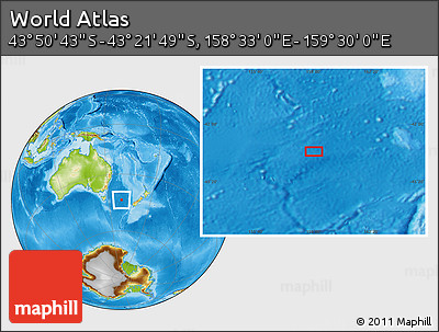 Physical Location Map of the Area around 43° 36' 16" S, 159° 1' 30" E